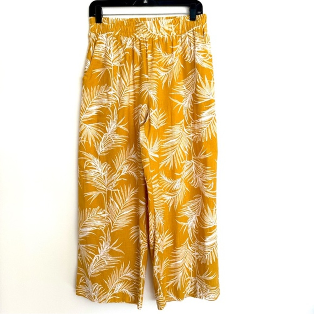 C&C California Linen Blend Yellow & White Leaf Print Wide Leg Pants Size Medium